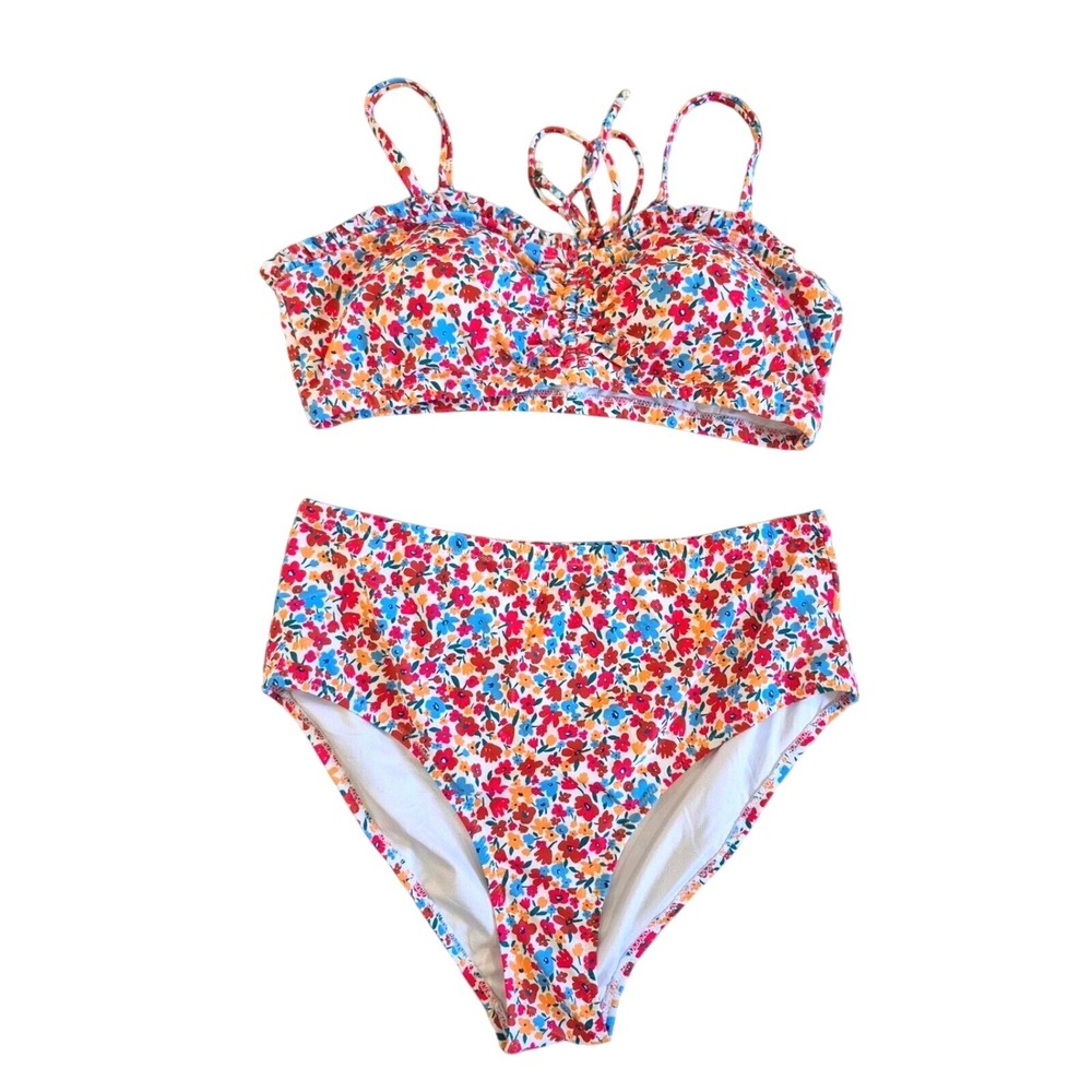 Floral High‎ Waisted Two Piece Bikini Set Ruffled Top Multicolor 2XL NWOT